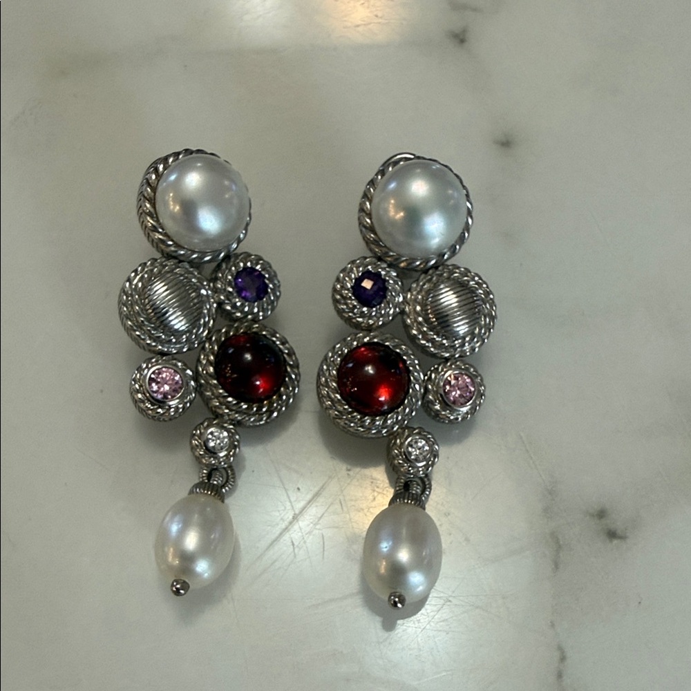 Judith Ripka drop sterling silver earrings w/ pearl, amethyst, and garnet w/ CZ